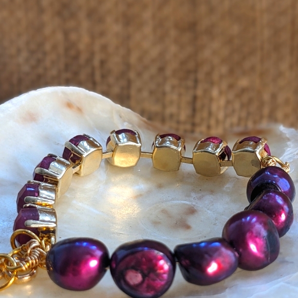 24 Total Carats Weight Natural Rough Ruby Wine Baroque Freshwater Pearl Bracelet - Picture 4 of 7